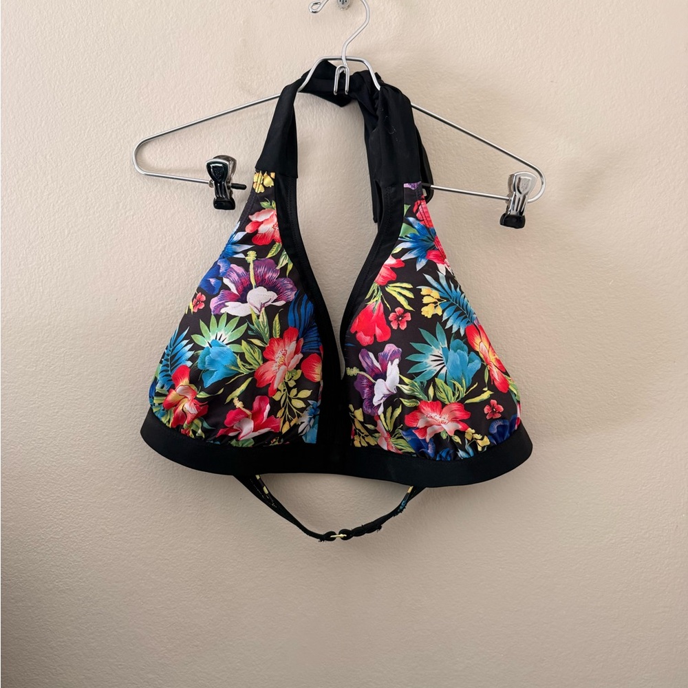 Rampage Black Floral Halter Bikini Top with Multicolor Flowers